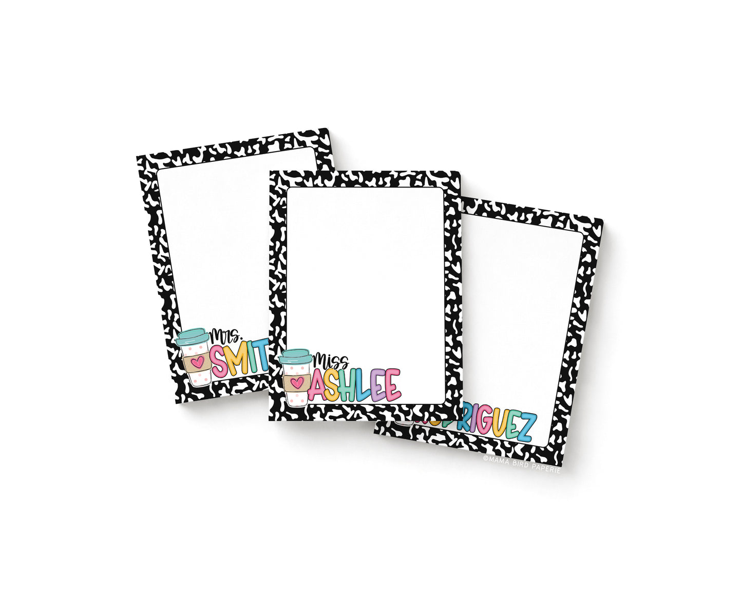 three black and white frames with colorful text and designs on them.